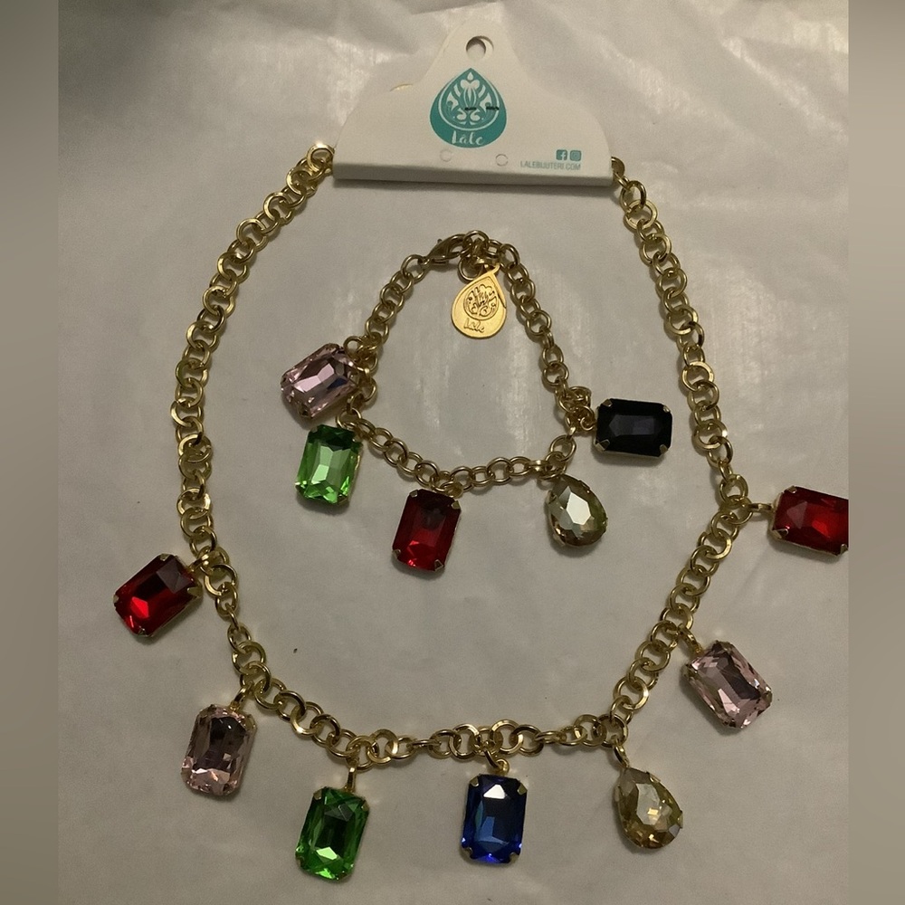 BrandNew Gold Multicolor Gemstone Necklace and Bracelet Set